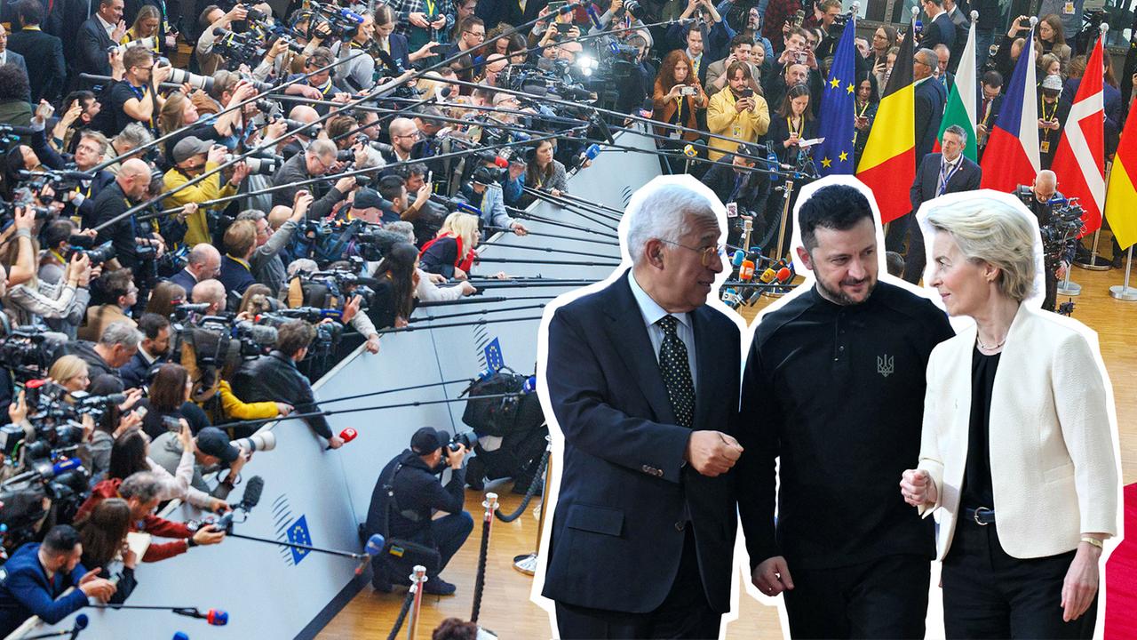 Der Präsident des Europäischen Rates, Antonio Costa (li.), und die Präsidentin der Europäischen Kommission, Ursula von der Leyen (re.), begrüßen den ukrainischen Präsidenten Wolodymyr Selenskyj bei seiner Ankunft beim Sondergipfel des Europäischen Rates.