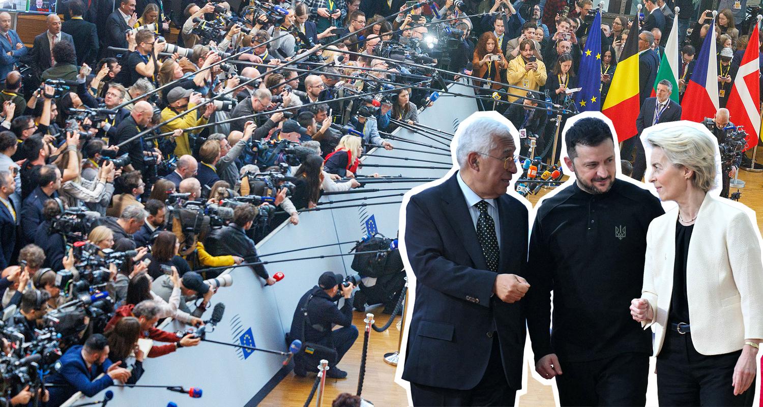 Der Präsident des Europäischen Rates, Antonio Costa (li.), und die Präsidentin der Europäischen Kommission, Ursula von der Leyen (re.), begrüßen den ukrainischen Präsidenten Wolodymyr Selenskyj bei seiner Ankunft beim Sondergipfel des Europäischen Rates.
