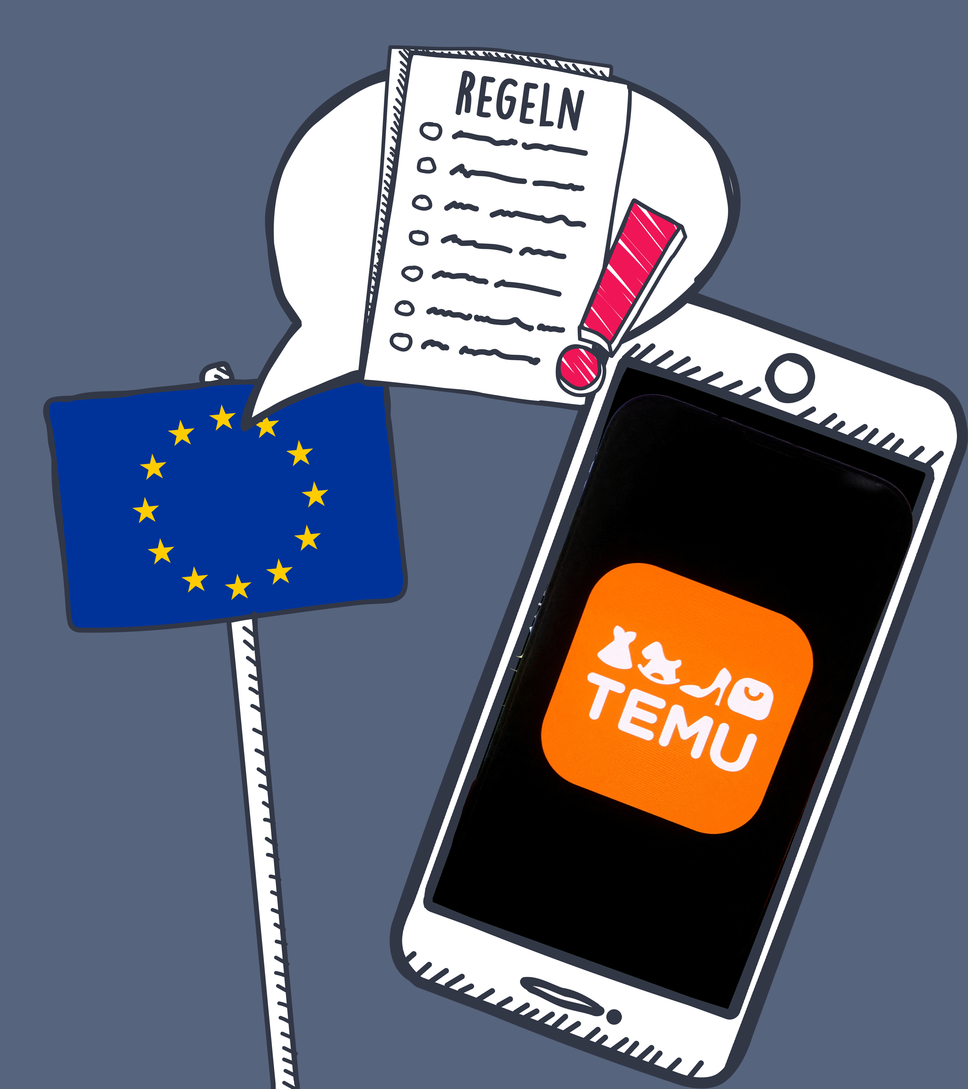 EU mit Sprechblase mit Regeln, dazu Handy mit Temu-App