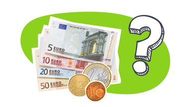 Grafik: Euroscheine und Euromünzen, daneben Fragezeichen