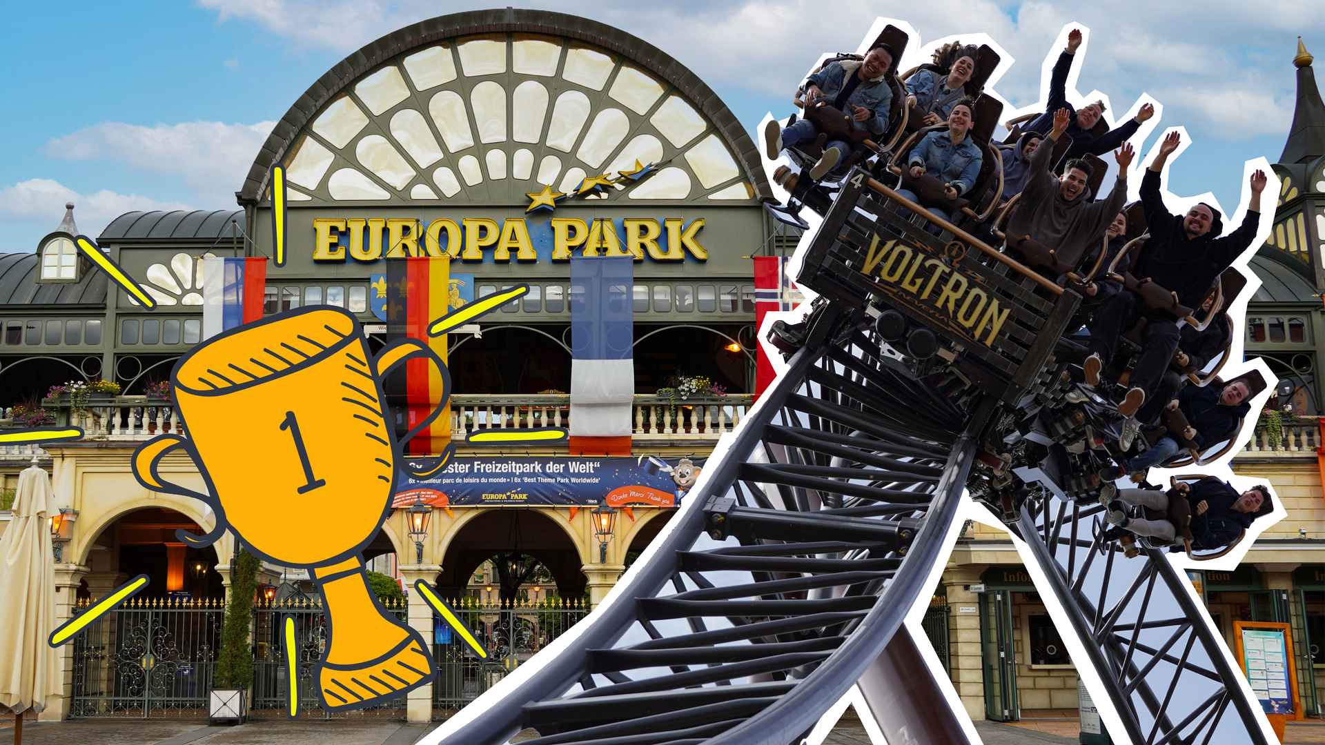 Europa-Park-Eingang, Volotron-Acherbahn und Grafik von einem Pokal