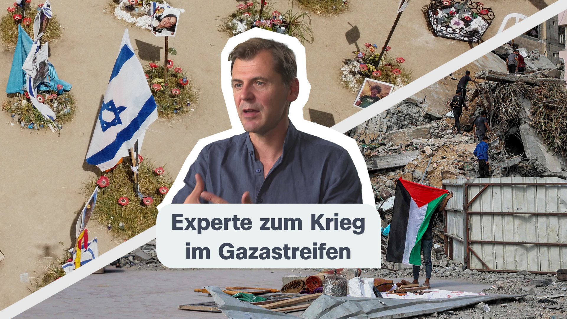 Ein Mann ist im Vordergrund zu sehen. Im Hintergrund ist auf der rechten Seite ein zerstörtes Haus und eine Palästinaflagge zu erkennen. Auf der linken Seite sieht man einen israelischen Friedhof.
