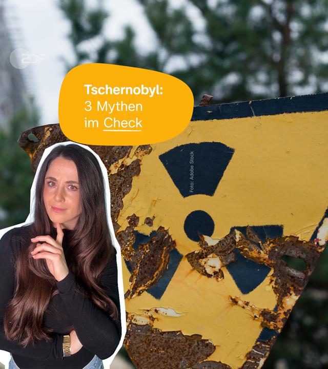 Grafik: Reporterin Teresa steht vor Schild "radioaktive Strahlung", dahinter verschwommen Tschernobyl, darauf Titel "Tschernobyl: 3 Mythen im Check"