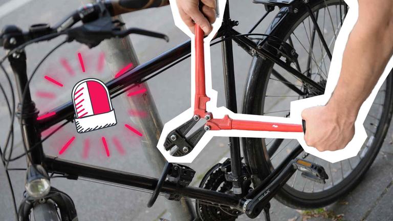 Zwei Hände halten ein Werkzeug in der Hand und knacken ein Schloss von einem Fahrrad, daneben ist ein roter Alarm zu sehen.