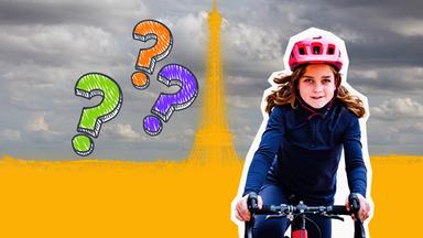 Silhouette einer Stadt, davor Radfahrendes Kind mit Fragezeichen