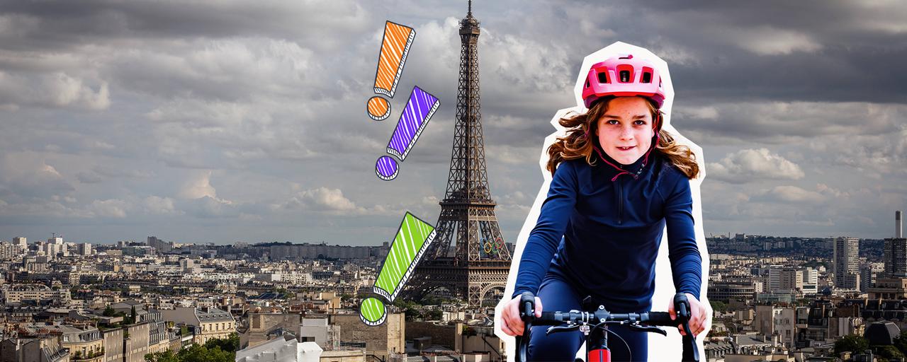 Stadtansicht auf Paris mit Eiffelturm, davor Kind auf dem Fahrrad mit Ausrufezeichen