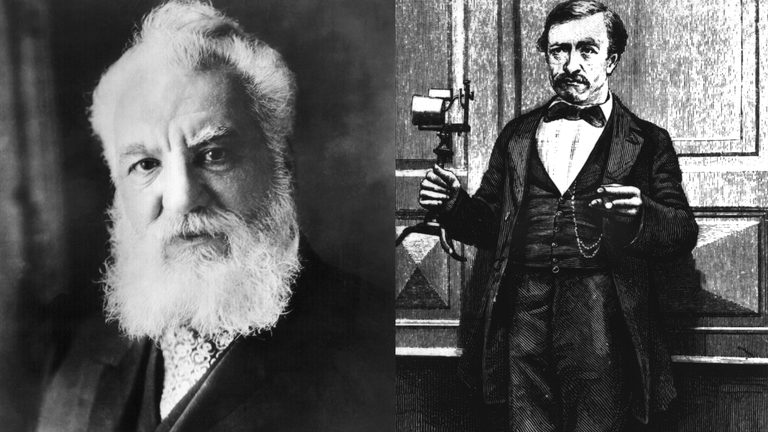 Alexander Graham Bell (links) und Abbildung Johann Philipp Reis (rechts) in schwarzweiß 