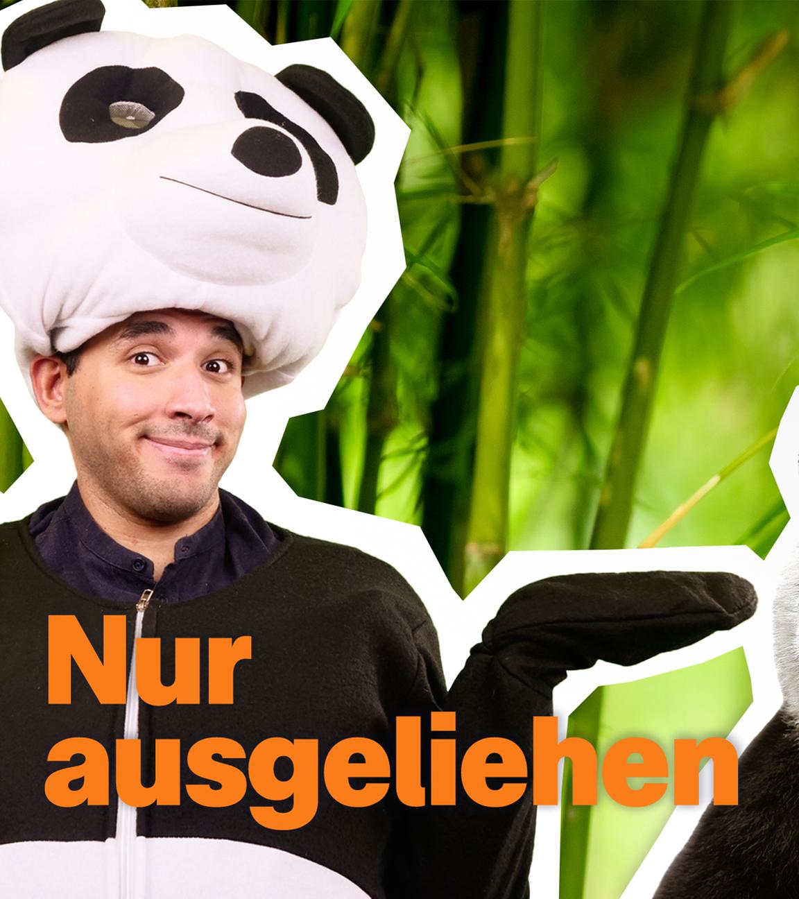 Sherif im Pandakostüm mit Pandabär und Schriftzug "Nur ausgeliehen?"
