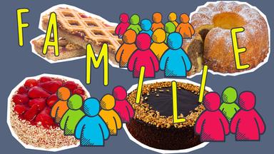 Mehrere Kuchen, Grafiken von Menschengruppen und der Schriftzug Familie