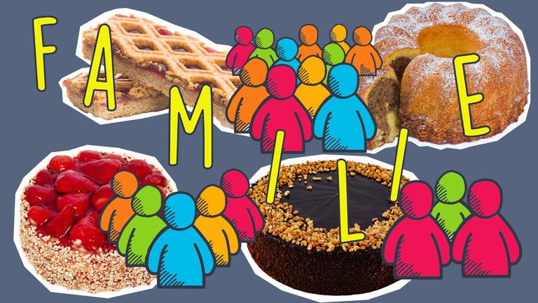Mehrere Kuchen, Grafiken von Menschengruppen und der Schriftzug Familie