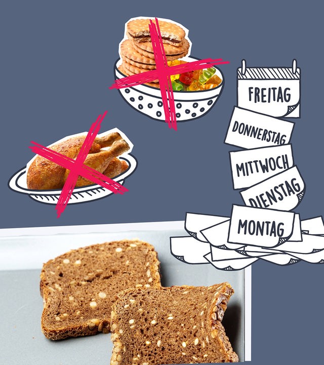 Ein Teller mit Vollkornbrot, ein Kalender mit Wochentagen und durchgestrichenes Fleisch und Süßigkeiten
