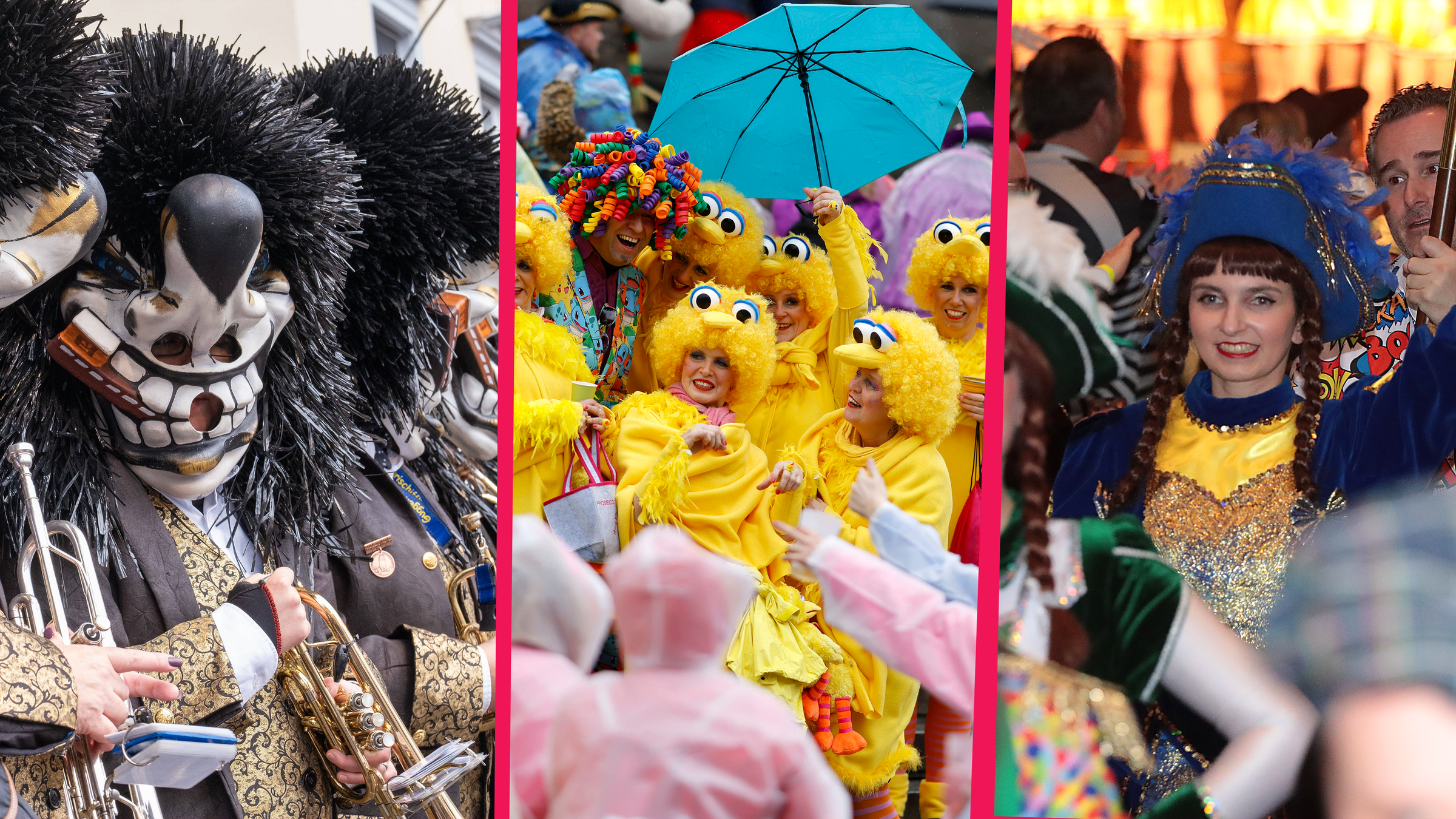 Ein Guggenmusiker, verkleidete Leute und ein Frau in Narrenuniform