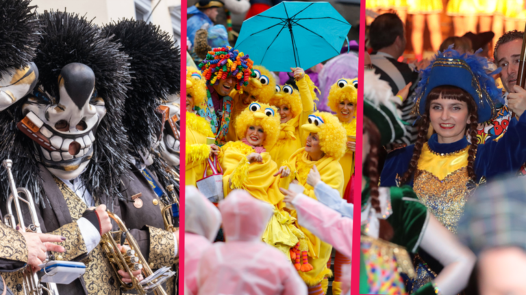 Ein Guggenmusiker, verkleidete Leute und ein Frau in Narrenuniform