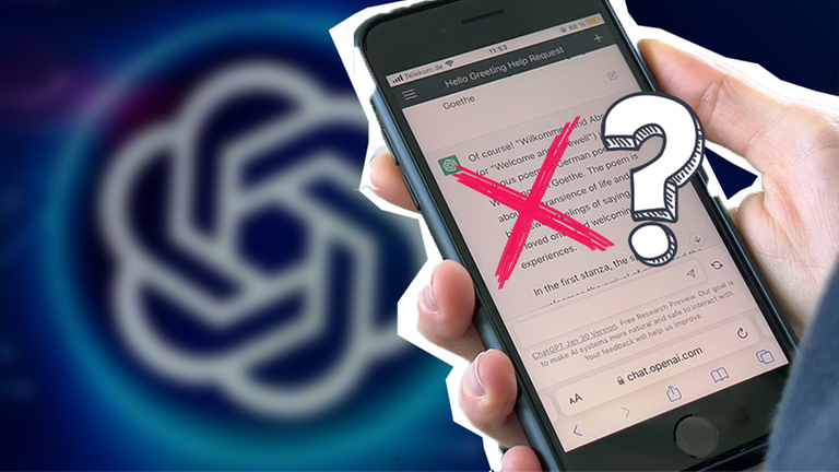 Handy mit geöffnetem ChatGPT-Chat. Dazu ein rotes Kreuz und ein Fragezeichen.