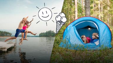 Sommerferien: Kinder, die in den Badesee springen und zelten, Eis, Sonne