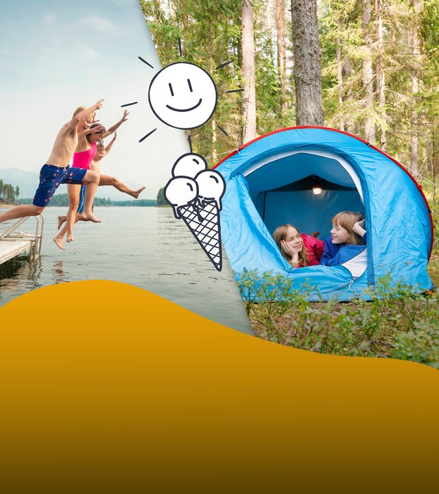 Sommerferien: Kinder, die in den Badesee springen und zelten, Eis, Sonne