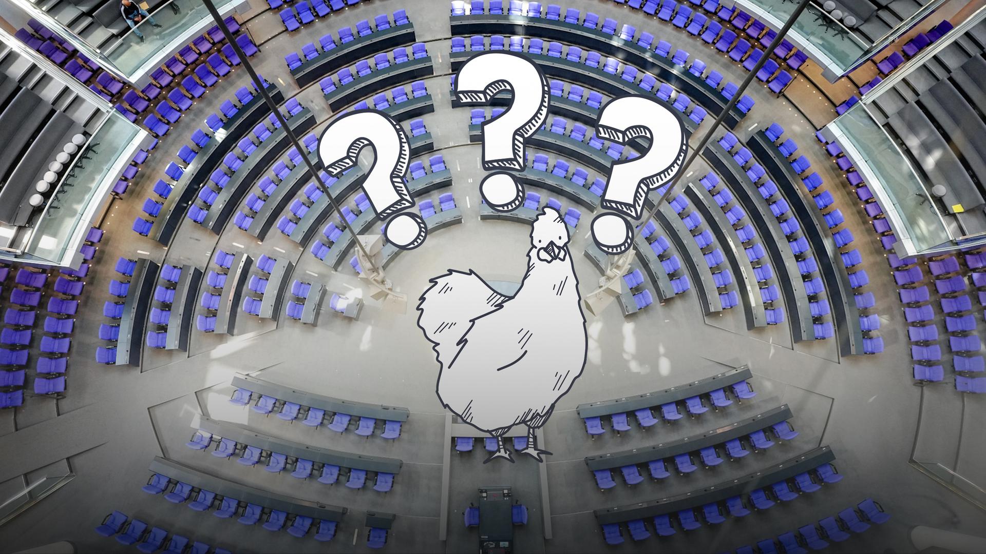 Ein grafisches Huhn steht im leeren Plenarsaal des Bundestags und hat drei Fragezeichen über dem Kopf