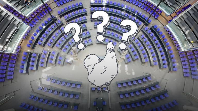 Ein grafisches Huhn steht im leeren Plenarsaal des Bundestags und hat drei Fragezeichen über dem Kopf