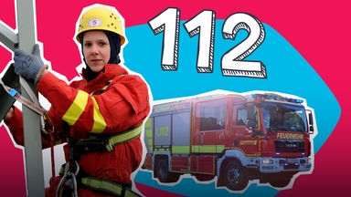 Ein Feuerwehrauto, eine 112 und eine Feuerwehrfrau vor buntem Hintergrund
