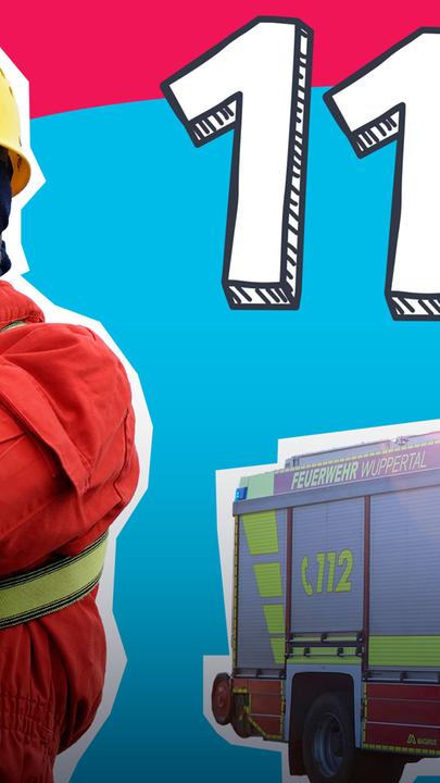 Ein Feuerwehrauto, eine 112 und eine Feuerwehrfrau vor buntem Hintergrund