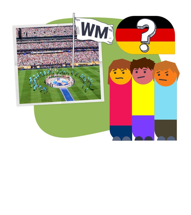 Foto von einem Stadion der Fußball-WM, daneben befinden sich 3 Personen, die skeptisch schauen, und über ihnen eine Deutschlandflagge mit Fragezeichen 