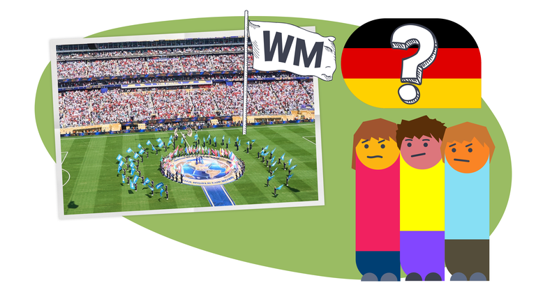 Foto von einem Stadion der Fußball-WM, daneben befinden sich 3 Personen, die skeptisch schauen, und über ihnen eine Deutschlandflagge mit Fragezeichen 