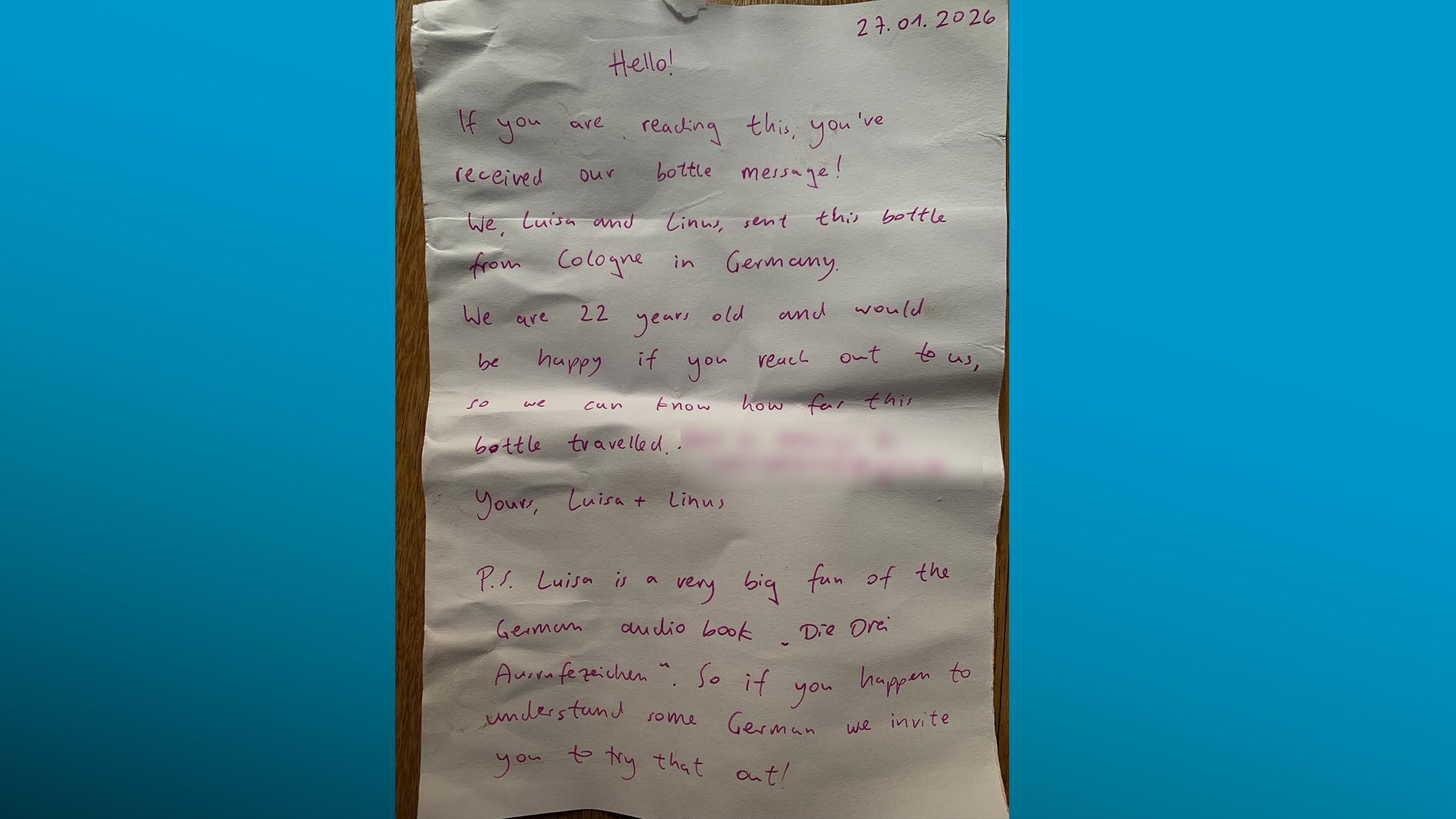 Flaschenpost aus Köln von Luisa und Linus
