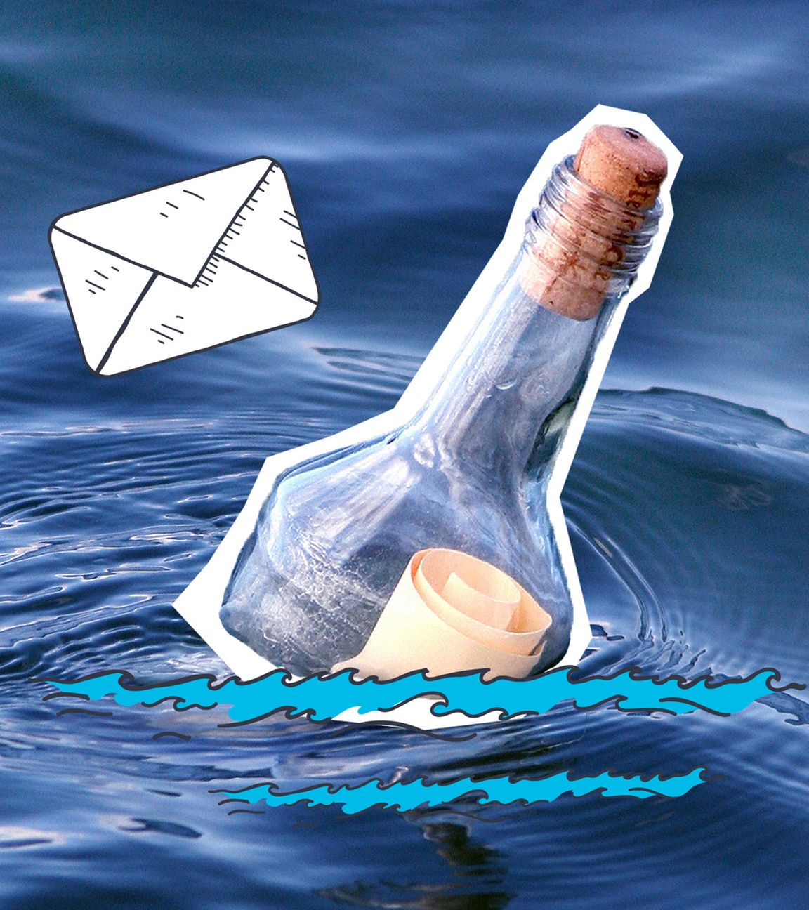 Flaschnpost im Meer: daneben ein Doodle Briefumschlag und extra Wellen