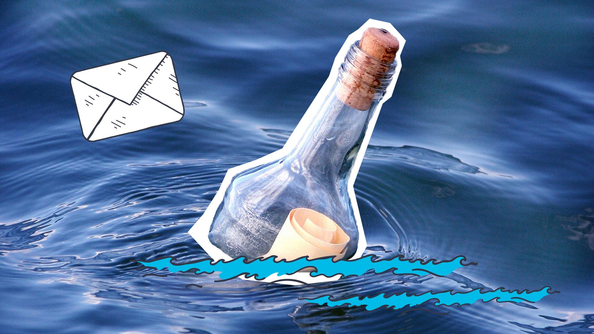 Flaschnpost im Meer: daneben ein Doodle Briefumschlag und extra Wellen