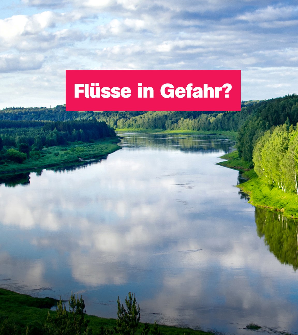 Ein breiter Fluss in grüner Landschaft. Rechts der Text: "Flüsse in Gefahr?"