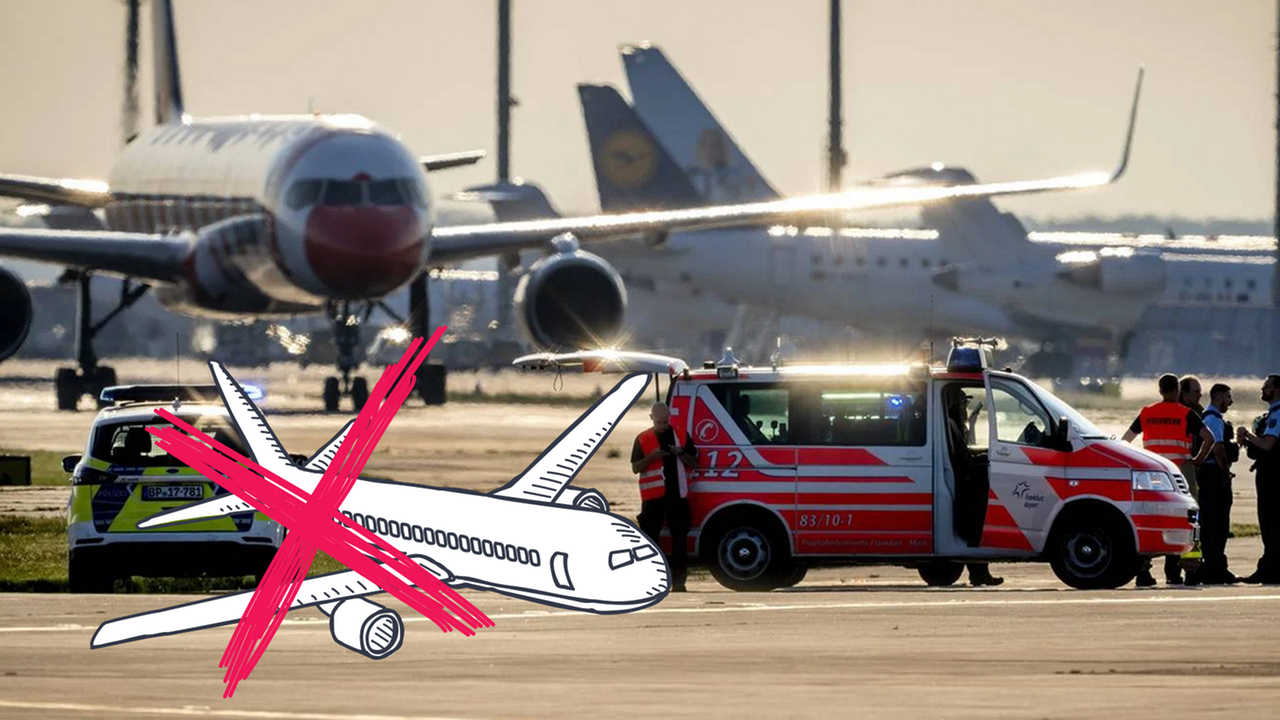 Protest am Flughafen, durchgestrichenes Flugzeug