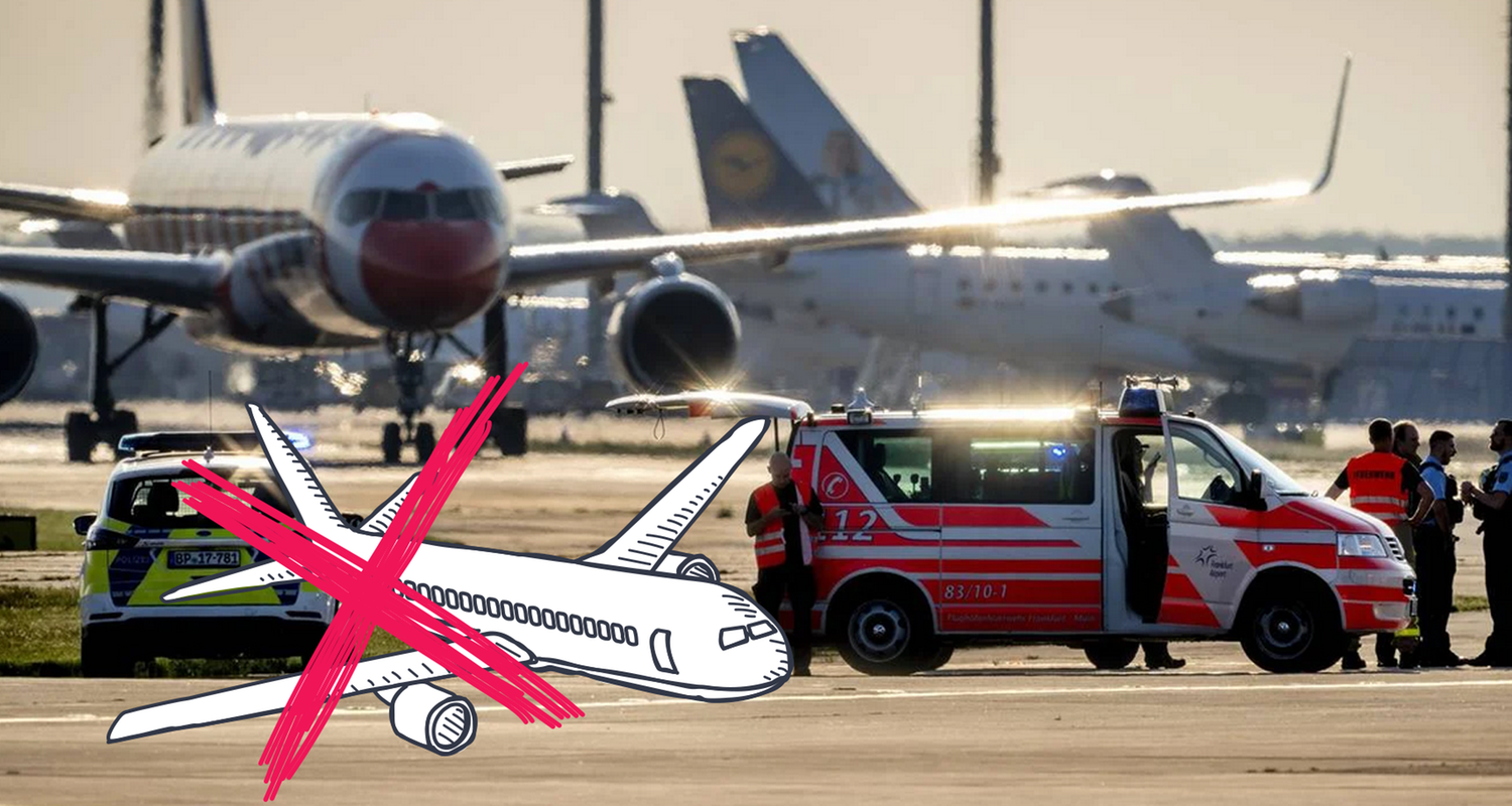 Protest am Flughafen, durchgestrichenes Flugzeug