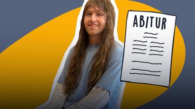 Abiturient Fabian auf grau-gelbem Hintergrund, daneben grafisches Abiturzeugnis