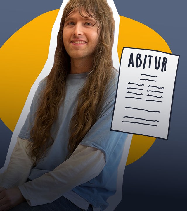 Abiturient Fabian auf grau-gelbem Hintergrund, daneben grafisches Abiturzeugnis