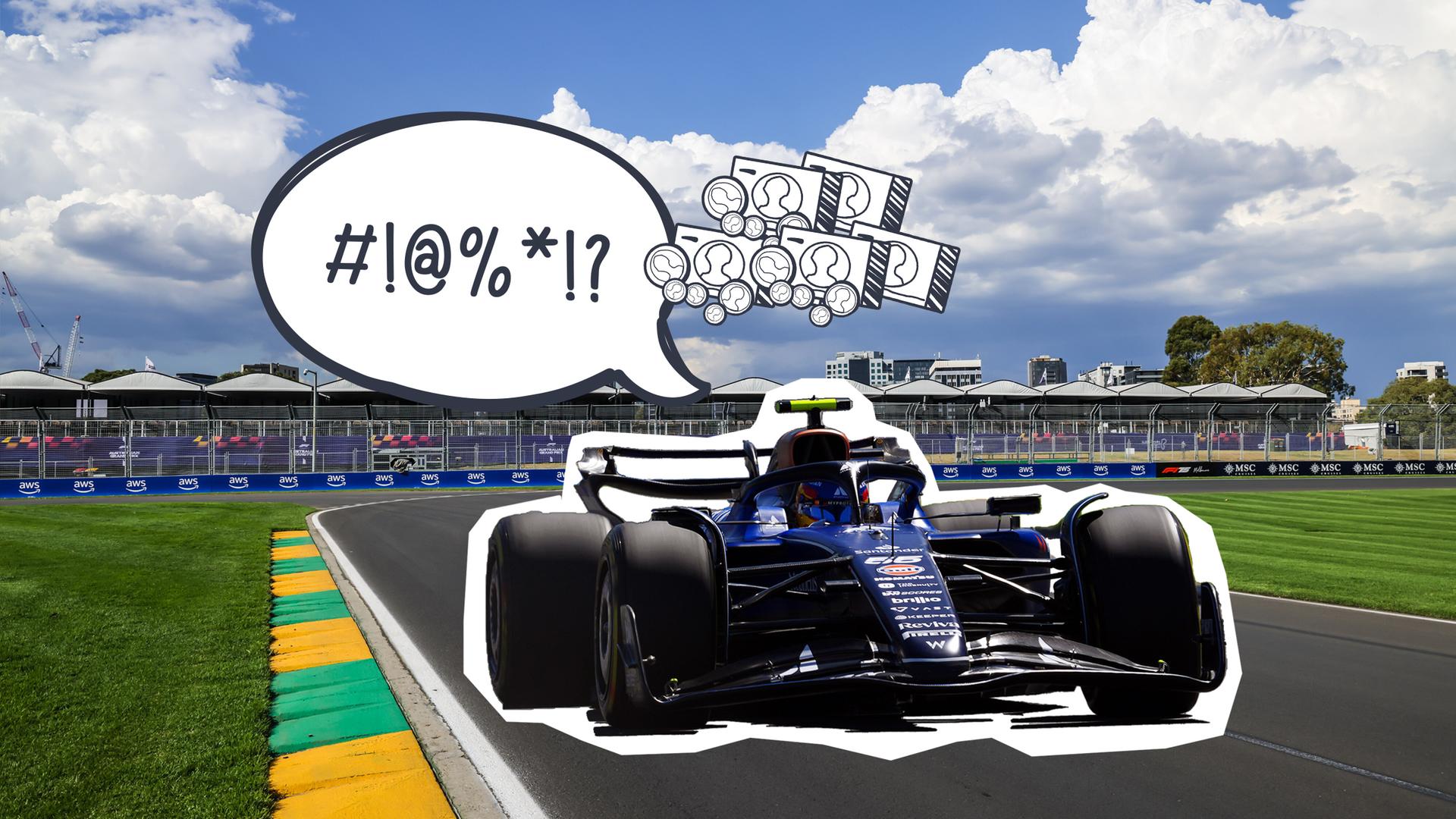 Formel-1 Auto und Symbole für Schimpfen und Geld 