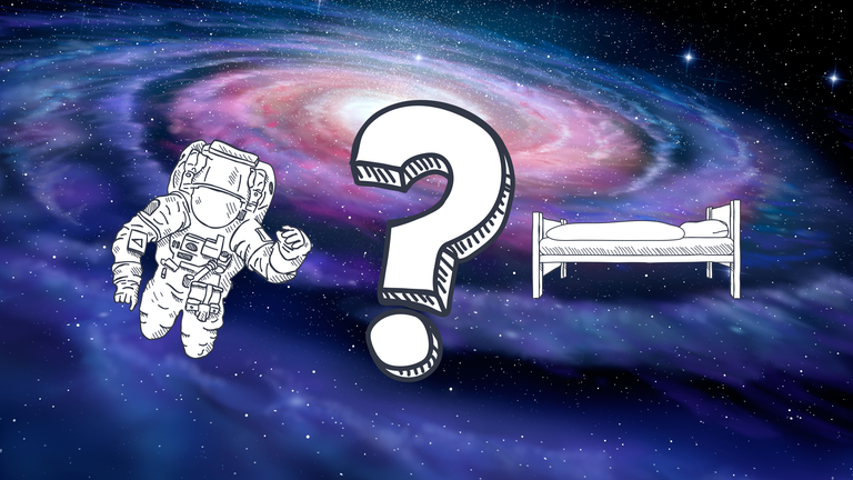 Galaxie, Astronaut, Fragezeichen und Bett im Vordergrund