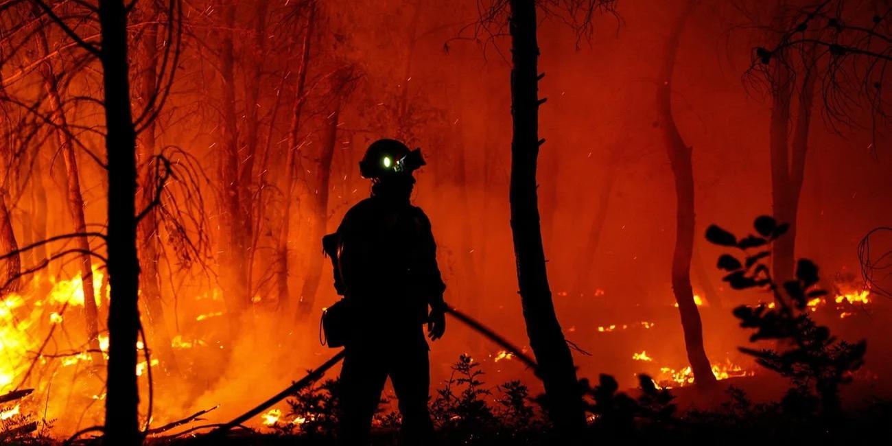 Die Silhouette eines Feuerwehrmannes in einem brennenden Wald.