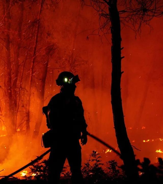 Die Silhouette eines Feuerwehrmannes in einem brennenden Wald.