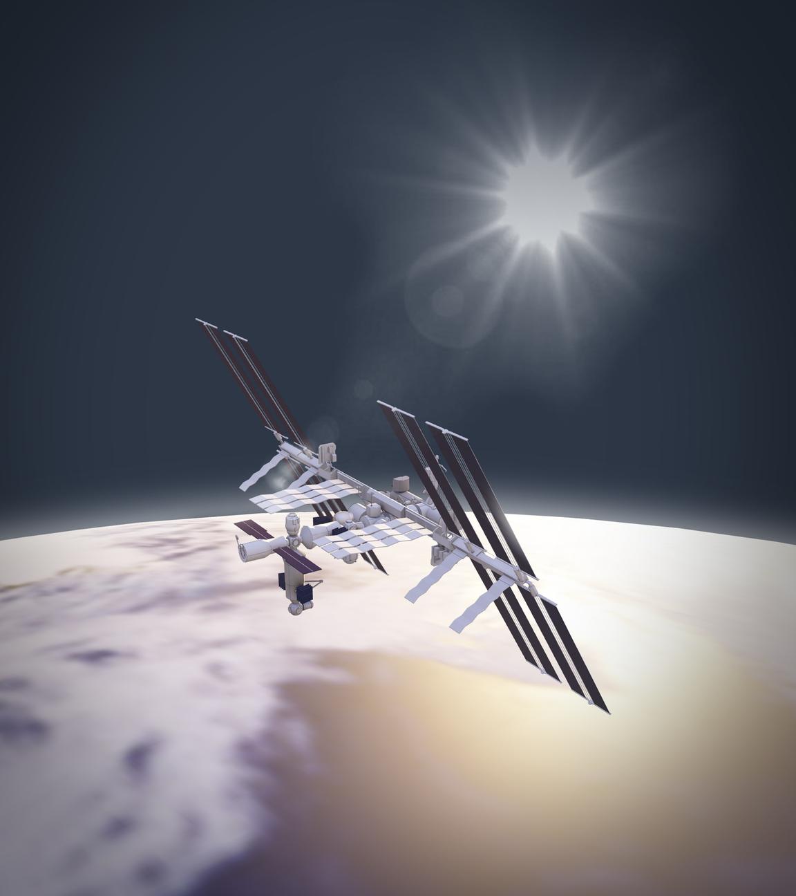 Das 3D-Modell der ISS schwebt über dem Erdball. 