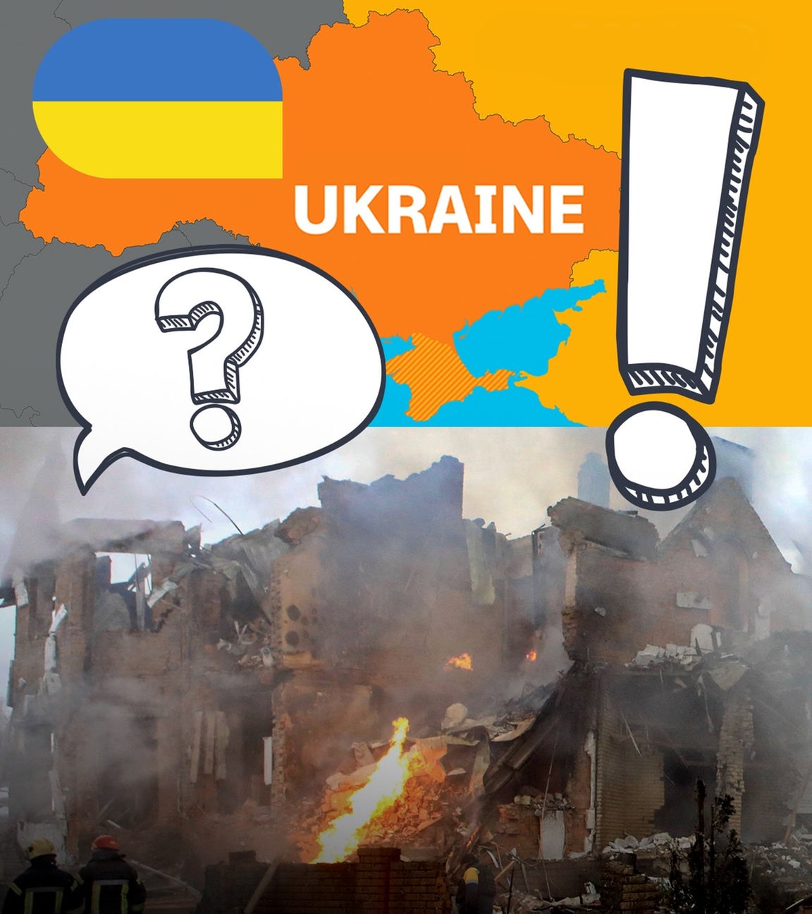 Karte der Ukraine und zerstörte Gebäude sowie eine Grafik eines Panzers und ein Fragezeichen und Ausrufezeichen