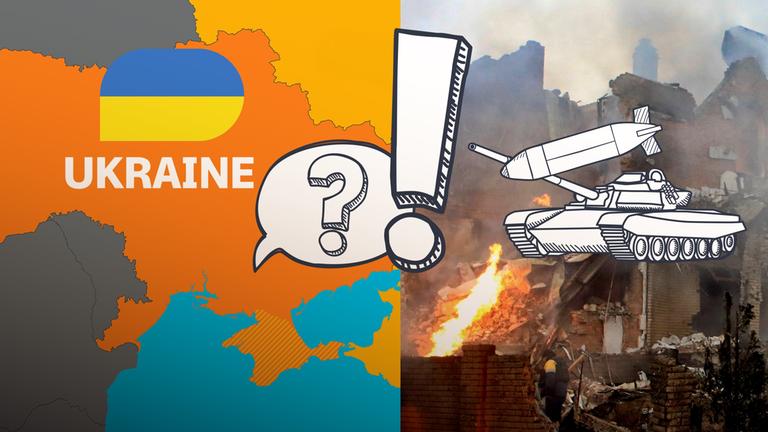 Karte der Ukraine und zerstörte Gebäude sowie eine Grafik eines Panzers und ein Fragezeichen und Ausrufezeichen