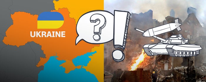 Karte der Ukraine und zerstörte Gebäude sowie eine Grafik eines Panzers und ein Fragezeichen und Ausrufezeichen