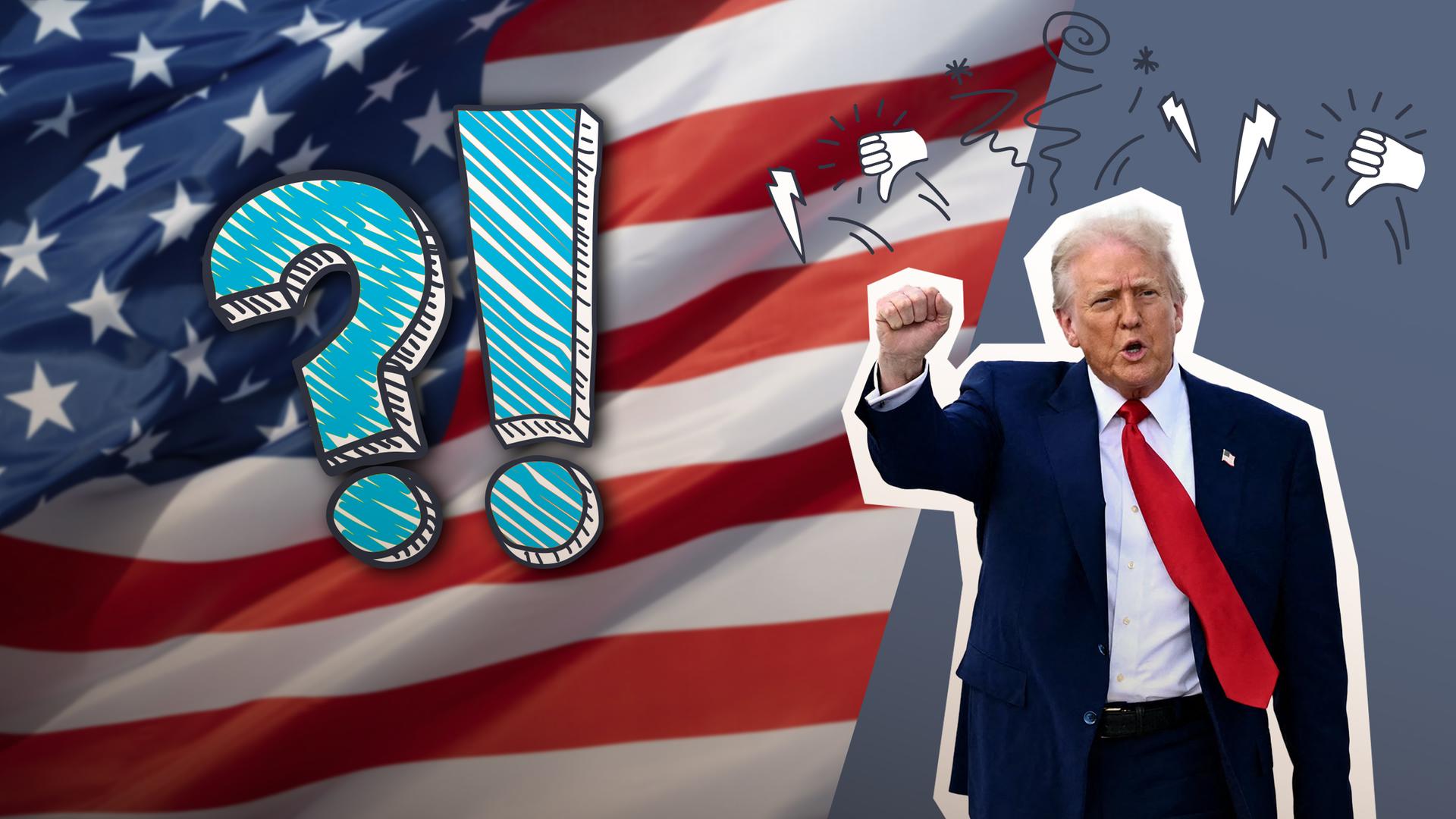 US-amerikanische Flagge, Fragezeichen und Ausrufezeichen und Donald Trump