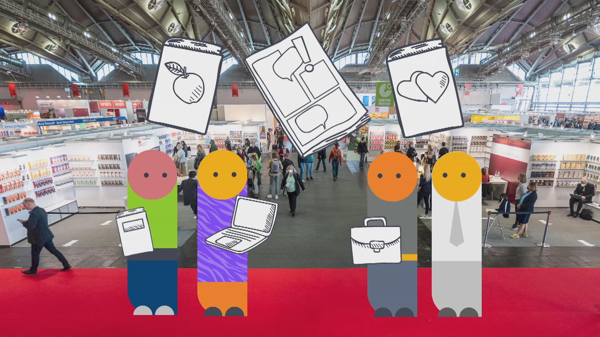 logo! Grafik: Figuren stehen vor einem Foto der Frankfurter Buchmesse. Eine Figur hat ein Buch in der Hand, eine andere einen Laptop. 
