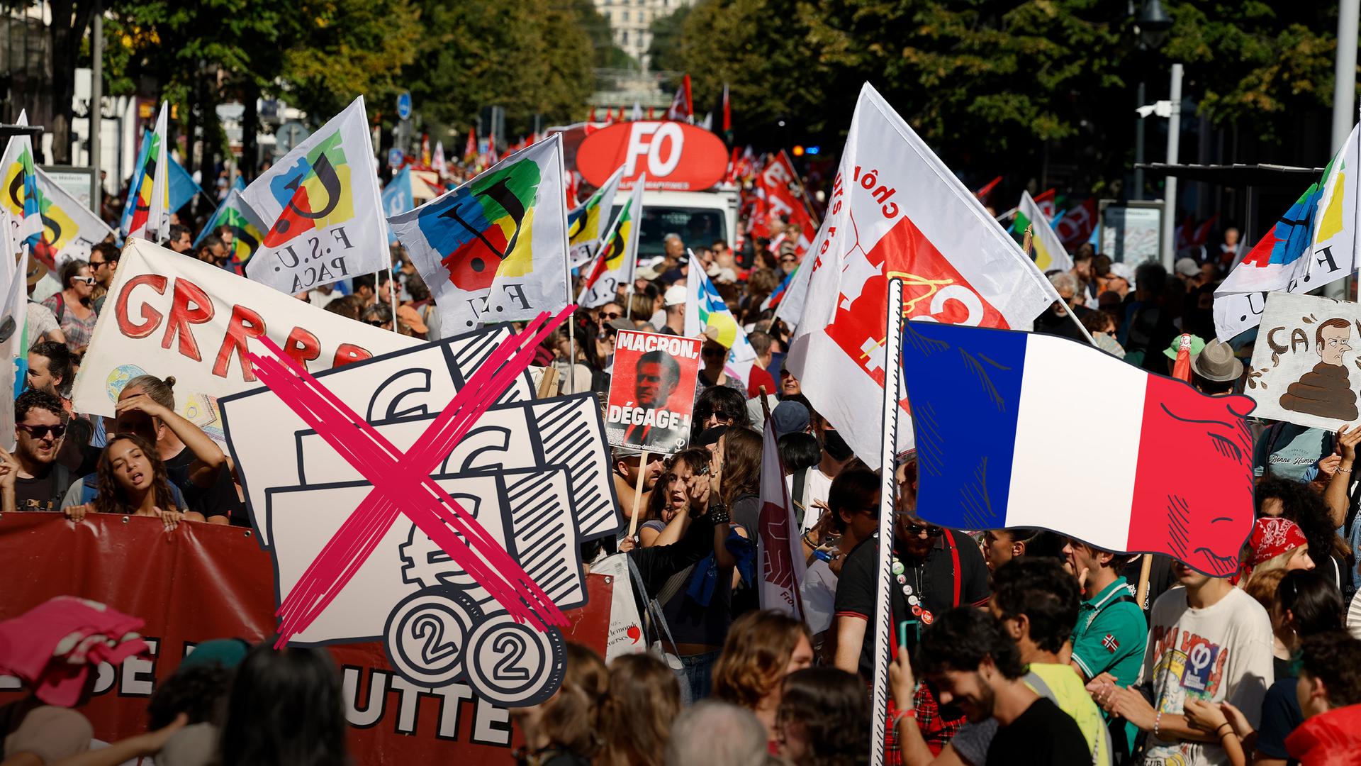 Viele Menschen demonstrieren gegen die Sparmaßnahmen der französischen Regierung.