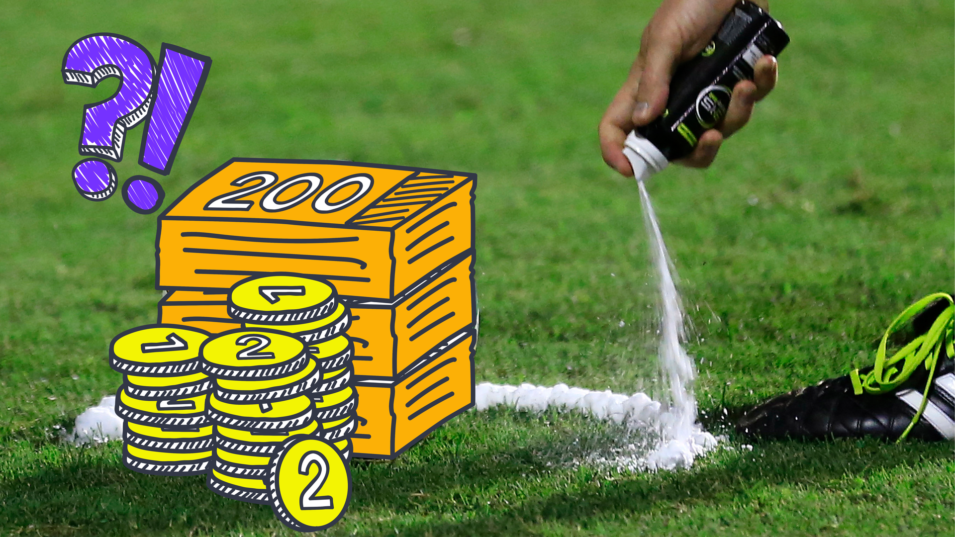 Freistoß-Spray im EInsatz dazu Grafik von viel Geld und Ausrufe- und Fragezeichen