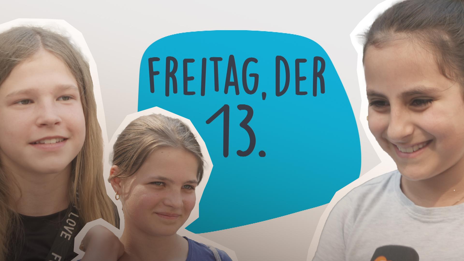 Collage: Mehrere Portraits von Kinder, dahinter steht "Freitag, der 13."