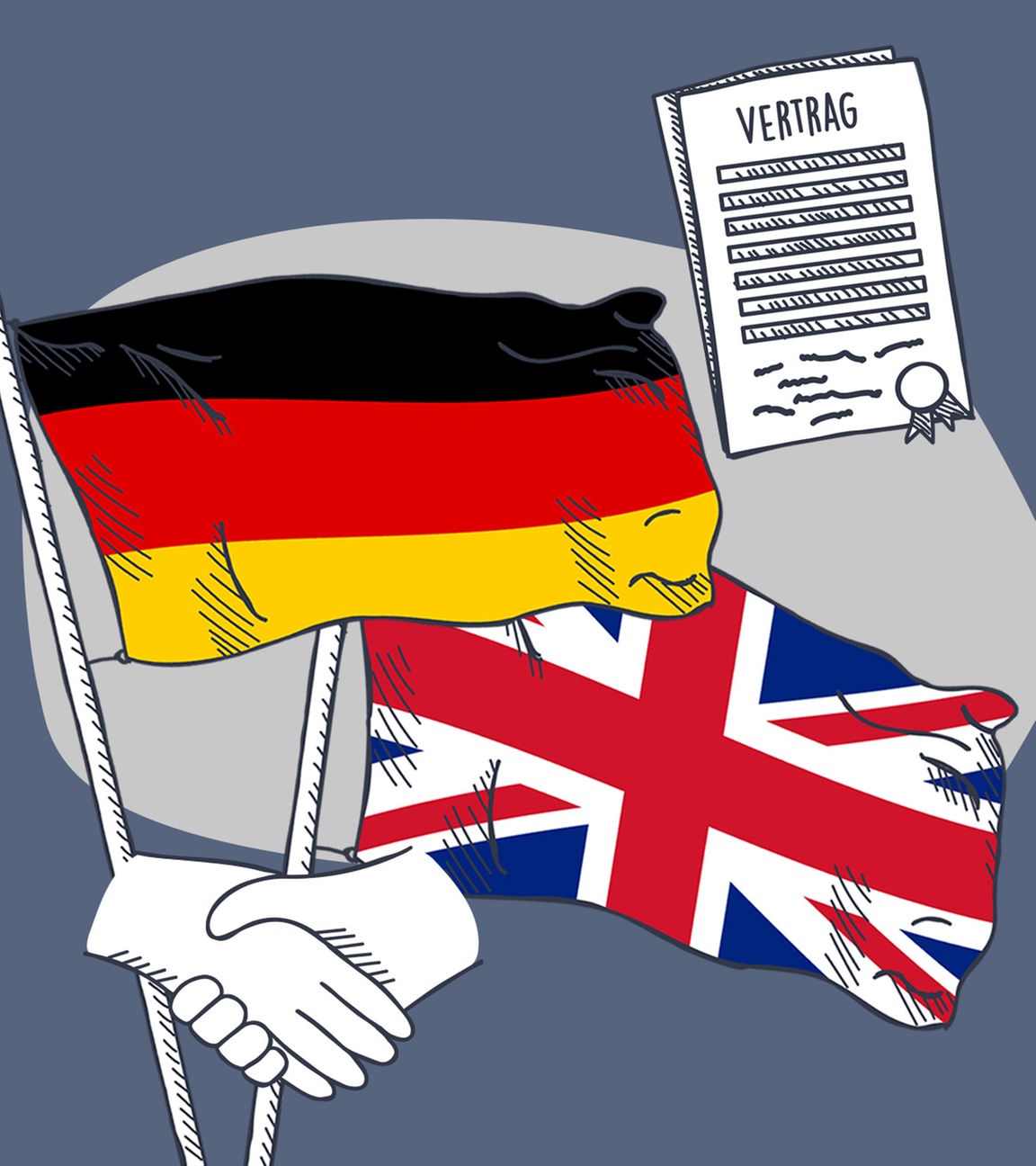 Kollage aus der Deutschland-Flagge und der Flagge von Großbritannien, dazu ein Symbolbild Vertrag und zwei Hände die sich die Hand reichen