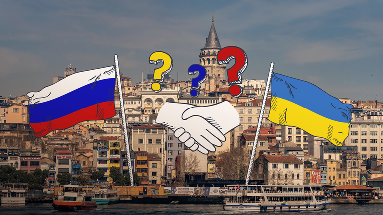 Die Stadt Istanbul, darüber wehen die russische und die ukrainische Flagge. Zwischen den Flaggen reichen sich zwei Hände, über ihnen schweben Fragezeichen.