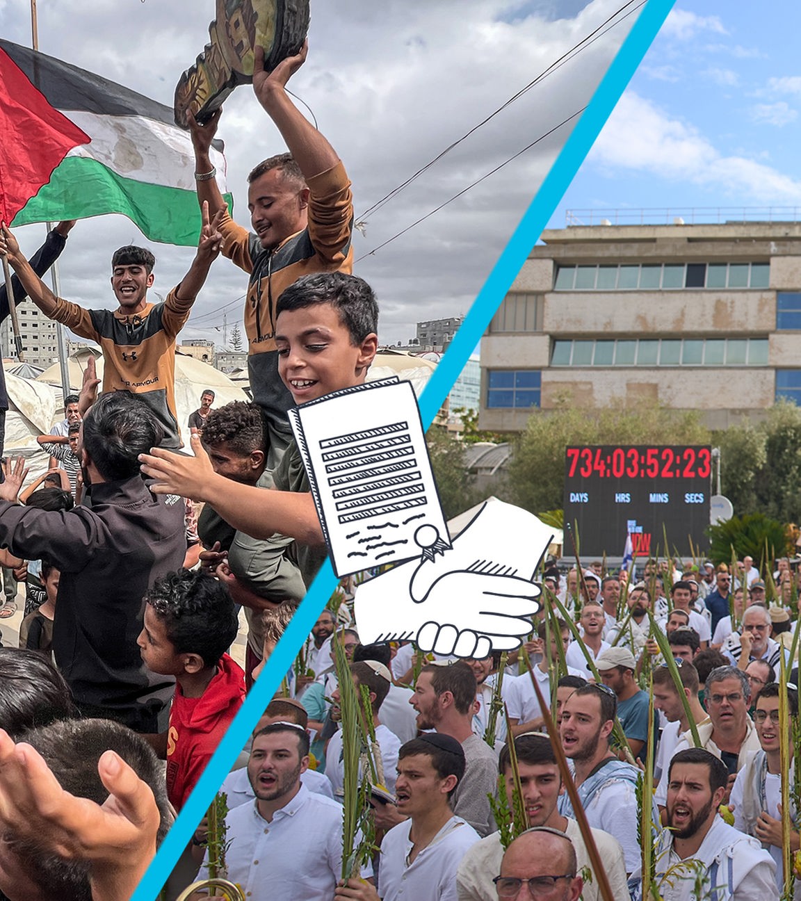 Viele Menschen feiern jubelnd den Friedensplan für das Ende des Kriegs zwischen Israel und Hamas. Sie schwenken palästinensische Fahnen und ein paar sitzen auf den Schultern anderer.